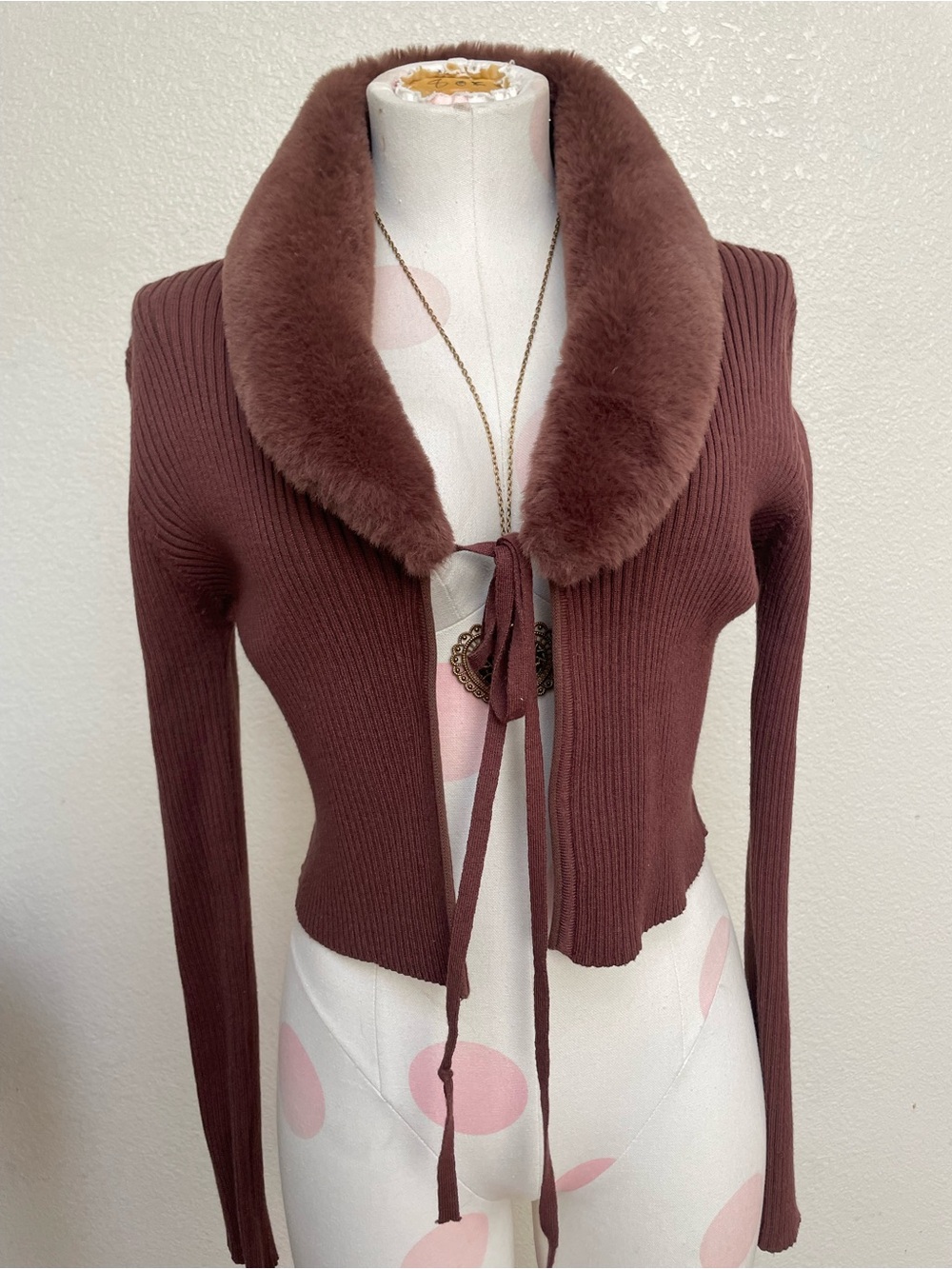 Love Tree Ribbed Tie-Front Cardigan with Faux Fur Collar - Brown